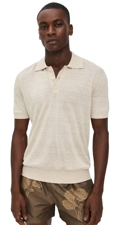 Frescobol Carioca Vidal Linen Short Sleeve Buttoned Polo Ecru In Sand