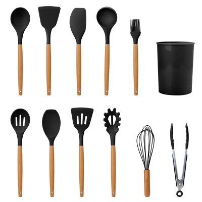 Fresh Fab Finds 11-piece Silicone Cooking Utensil Set With Heat-resistant Wooden Handle In Black