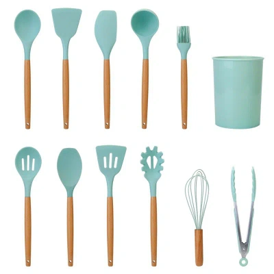 Fresh Fab Finds 11-piece Silicone Cooking Utensil Set With Heat-resistant Wooden Handle In Green