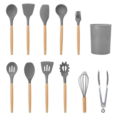 Fresh Fab Finds 11-piece Silicone Cooking Utensil Set With Heat-resistant Wooden Handle In Grey