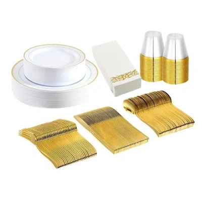 Fresh Fab Finds 175pcs Disposable Gold Dinnerware Set Gold Rim Plastic Plates Cups Fork Spoon Knife Paper Napkins Fo