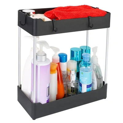 Fresh Fab Finds 2-tier Under Sink Shelf Organizer 4 Hooks | Space Saving Bathroom Storage Rack