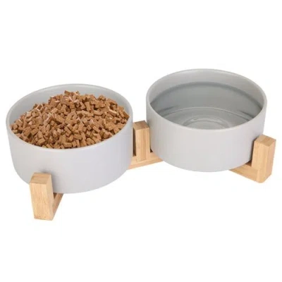 Fresh Fab Finds Double 28.7oz Ceramic Pet Bowls Dog Cat Bowls With Wooden Stand Raised Pet Feeder For Small Dogs Cat In White