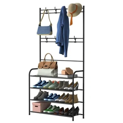 Fresh Fab Finds Entryway Coat Hat Rack Shoe Storage Shelf 4 Tier Shoe Rack Freestanding Hall Tree Garment Hanger Sta In Black