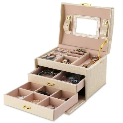 Fresh Fab Finds Jewelry Case Organizer 3-layer Lockable Travel Jewelry Box Pu Leather Storage Display Case With Mirr In Neutral
