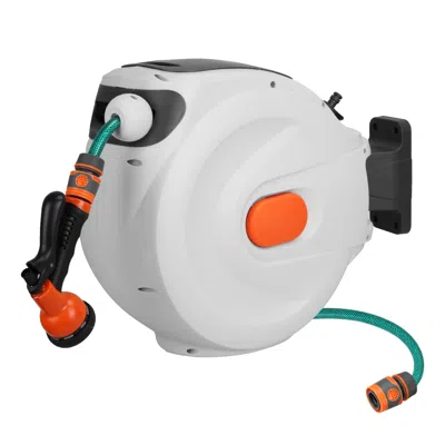 Fresh Fab Finds Retractable Garden Hose Reel With 8 Spraying Modes, Wall Mounted In White