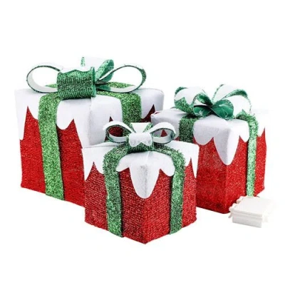 Fresh Fab Finds Set Of 3 Lighted Gift Boxes Christmas Decoration Ip44 Waterproof Light Up Gift Box With 3 Bows Timer In Multi