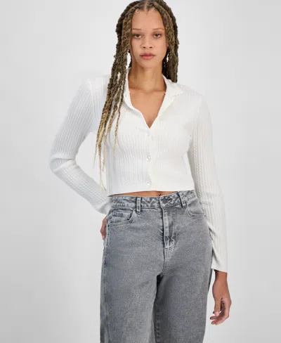 Freshman Juniors' Cable-knit Button-up Sweater In Snow White