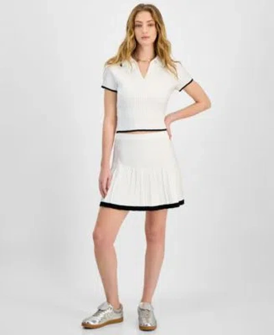 Freshman Juniors Cable Knit Cropped Sweater Top Pleated Sweater Skirt In White