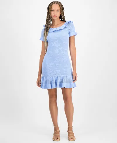 Freshman Juniors' Crocheted Ruffled Mini Dress In Lt,pasblue