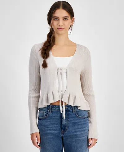 Freshman Juniors' Tie-front Ruffle Glitter Sweater In Irish Cream