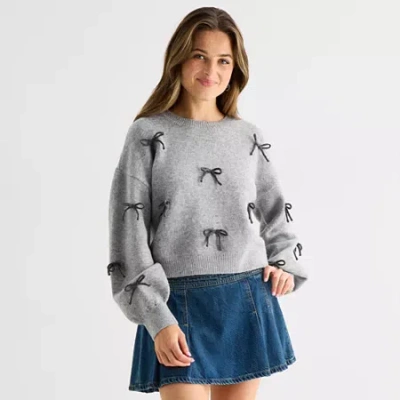 Freshman Juniors Womens Crew Neck Long Sleeve Bows Pullover Sweater In Gray