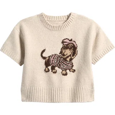 Freshman Kids' Beret Dog Short Sleeve Sweater In Oatmeal Beret Dog