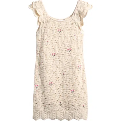 Freshman Kids' Floral Embroidered Cotton Blend Pointelle Dress In Neutral