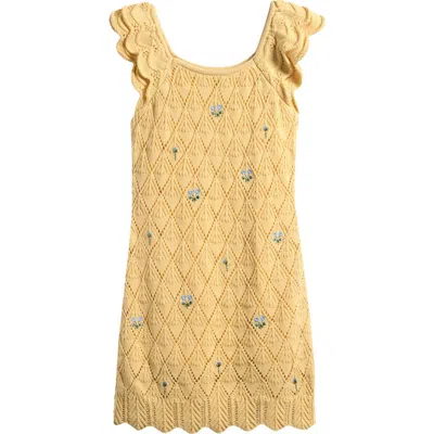 Freshman Kids' Floral Embroidered Cotton Blend Pointelle Dress In Yellow