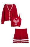 Freshman Kids' Knit Tennis Tank, Cardigan & Skirt Set In Red