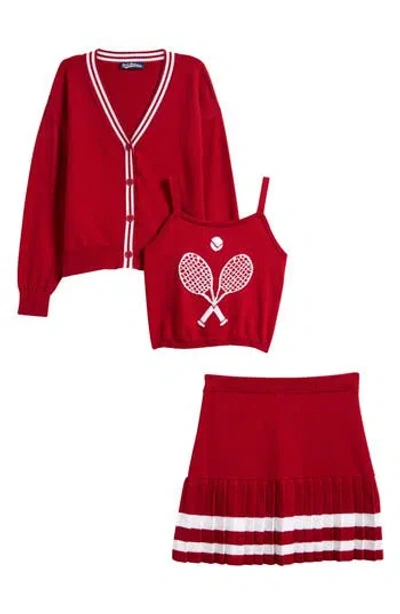 Freshman Kids' Knit Tennis Tank, Cardigan & Skirt Set In Summer Red