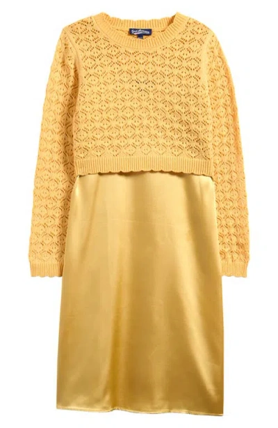 Freshman Kids' Satin Slipdress & Sweater Set In Gold