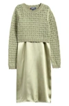 Freshman Kids' Satin Slipdress & Sweater Set In Green