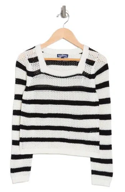 Freshman Kids' Square Neck Stripe Open Knit Sweater In Black/egret