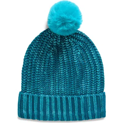 Freshman Kids'  Metallic Foil Beanie With Faux Fur Pompom In Aqua