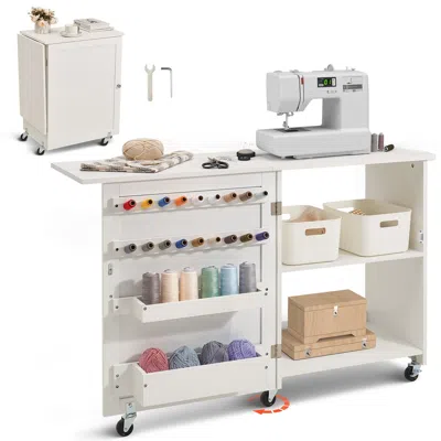 Frey Folding Sewing Table, Multipurpose Sewing Machine Table With Compact Design, Wheels, Shelves, Storag