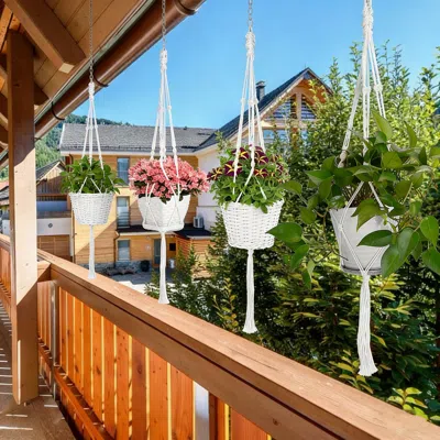 Frey Orchad 4 Pcs Heavy Duty Hanging Plant Holder Natural Cotton Rope Planter Basket With Hanging Ring,eco-frien In White