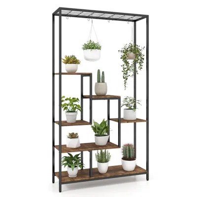 Frey Orchad 6-tier Tall Plant Stand 71 Inch Metal Indoor Plant Shelf With 10 Hanging Hooks In Black