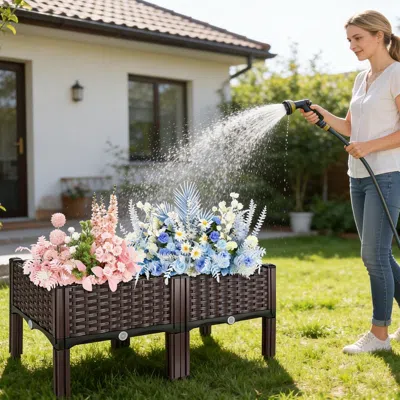 Frey Orchad Elevated Raised Garden Bed With Self-watering Design, Heavy Duty Pp Plastic Planter Box M Size, No B In Brown