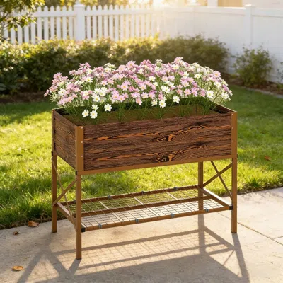 Frey Orchad Galvanized Raised Garden Bed, Metal Planter Box With Legs, Storage Shelf And Bed Liner, Dark Brown