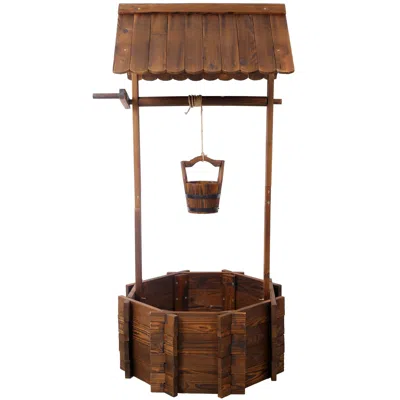 Frey Orchad Rustic Wooden Wishing Well Planter Outdoor Home Décor For Patio, Garden, Yard W/hanging Bucket In Brown