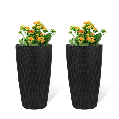 Frey Orchad Set Of 2 Faux Rattan Tall Planters Outdoor Indoor Large Planters With Water Level Monitor Inner Buck In Black