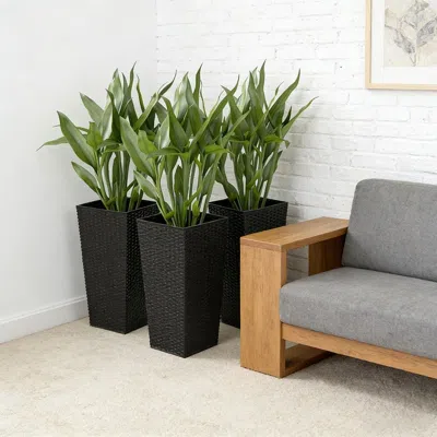 Frey Orchad Tall Planters For Outdoor Plants Set Of 3, 24 In Taper Planters With Drainage Holes, Rattan Decor Pl In Black