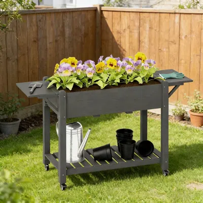 Frey Orchad Wood Raised Planter Box, Elevated Garden Bed With Lockable Wheels, Side Tables, Bottom Shelf, Drain  In Gray