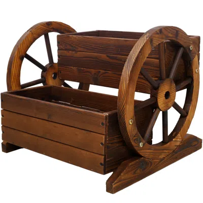Frey Orchad Wooden Wagon Planter Box, Garden Planter With Wheels,decorative Planter For Flowers Herbs Vegetables In Brown