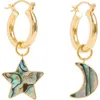 Freya Rose Mini Hoops With Paua Star And Moon In Gold