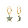 Freya Rose Mini Hoops With Paua Star And Moon In Blue/gold/green