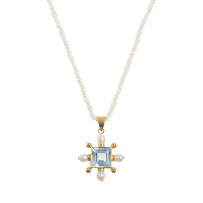 Freya Rose Women's Gold / Blue / White Seed Pearl Necklace With Blue Topaz Cross Pendant