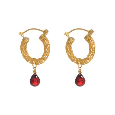 Freya Rose Women's Gold / Red Gold Weave Mini Hoops With Garnet Charm