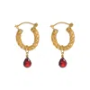 Freya Rose Women's Gold / Red Gold Weave Mini Hoops With Garnet Charm In Multi