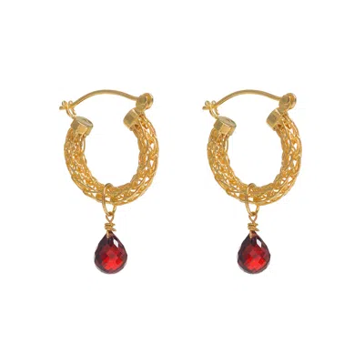 Freya Rose Women's Gold / Red Gold Weave Mini Hoops With Garnet Charm In Multi