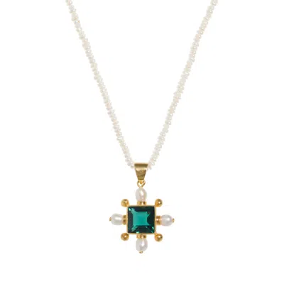 Freya Rose Women's Green / White / Gold Seed Pearl Necklace With Green Quartz Cross Pendant In Multi