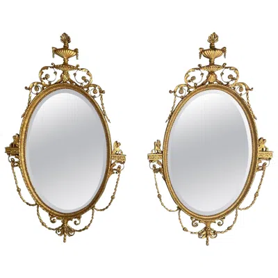Pre-owned Friedman Brothers , English Regency Style, Oval Wall Mirrors, Giltwood, Gesso In Brown