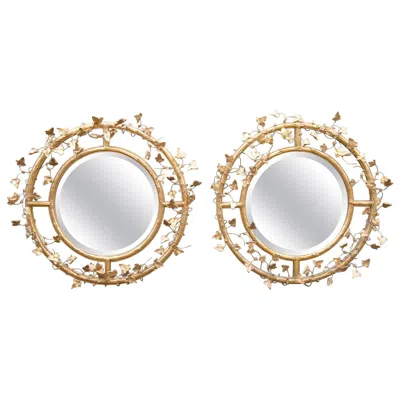 Pre-owned Friedman Brothers Pair Of Large Giltwood Round Beveled Mirrors By  40" Diameter In Brown