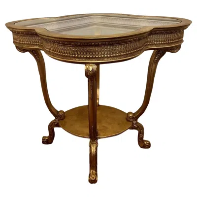 Pre-owned Friedman Brothers Vintage Carved Gilded Cloverleaf Display Table With Inset Glass Top In Brown