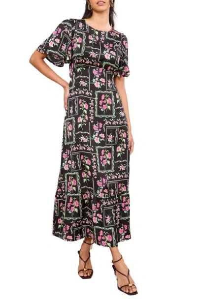 Friends Like These Floral Print Flutter Sleeve Maxi Dress In Black