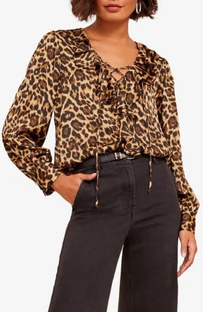 Friends Like These Leopard Print Ruffle Lace-up Top In Neutral