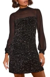 Friends Like These Long Sleeve Sequin & Chiffon Party Dress In Black