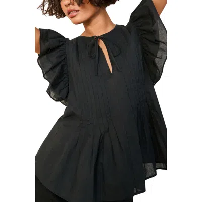 Friends Like These Pintuck Pleat Flutter Sleeve Cotton Top In Black