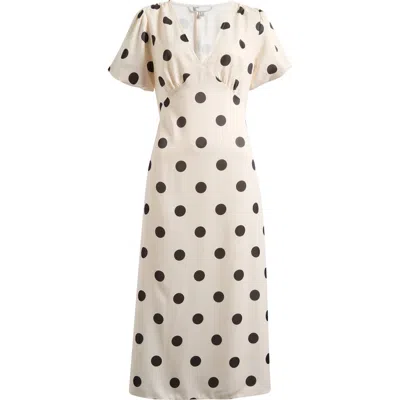 Friends Like These Polka Dot Puff Sleeve Stretch Satin Midi Dress In Neutral